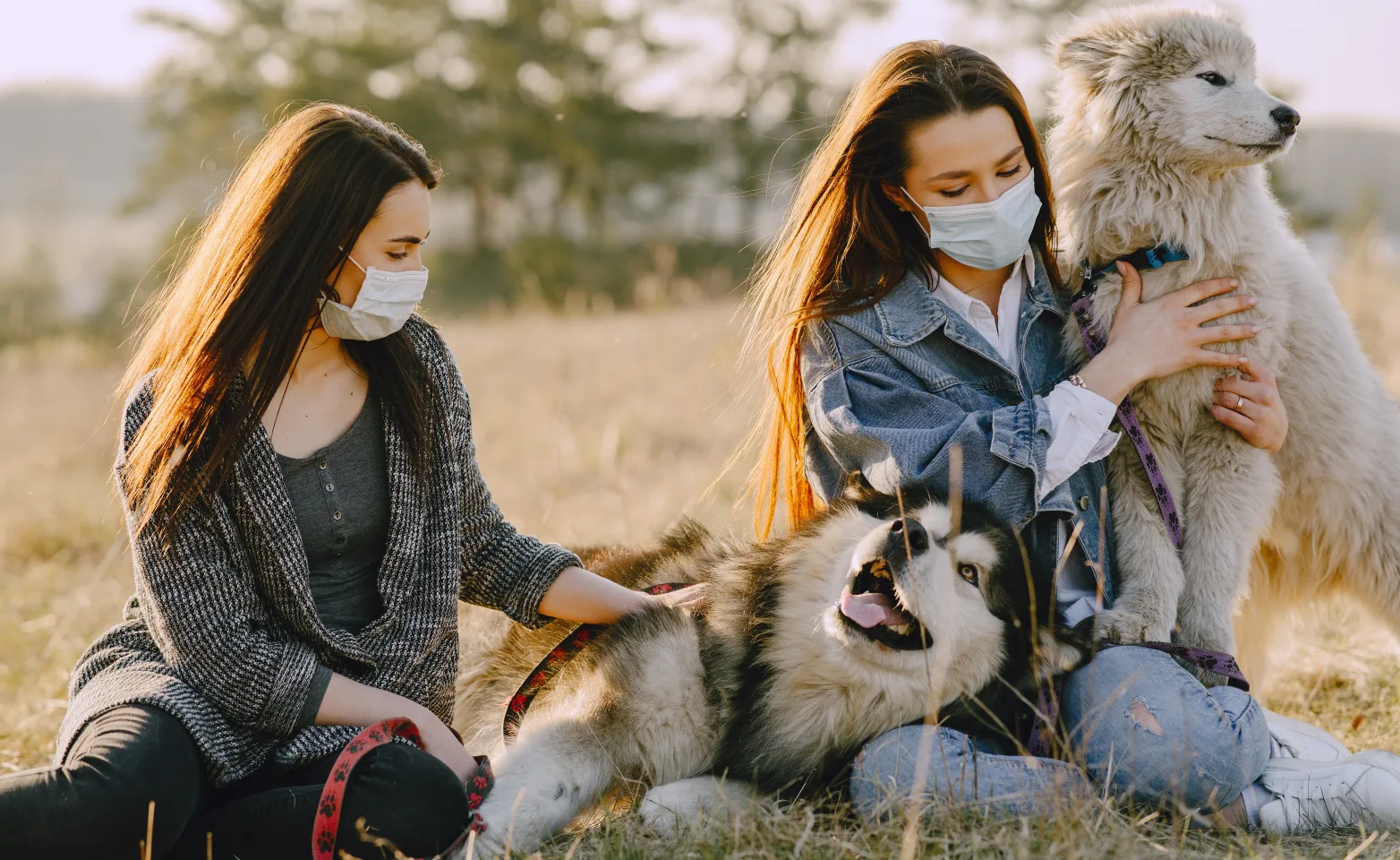 2 girls with mask on with their two dogs